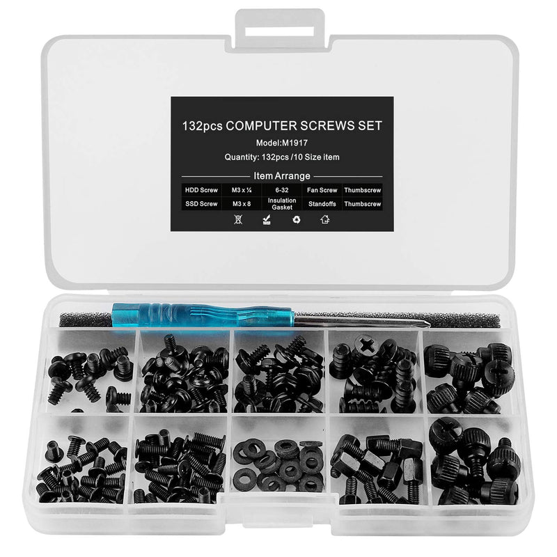 132pcs PC Build & Repair Screw Kit with Screwdriver for Motherboard, GPU,HDD, SSD,Case Fans -Includes Standoffs & Thumbscrews
