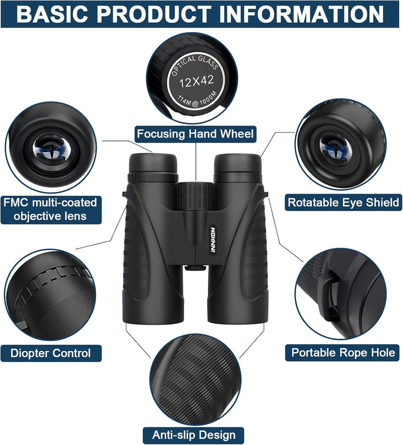 12x42 HD Waterproof Binoculars for Adults, Compact Binocular for Bird Watching (Black) | High Powered Binoculars BAK4 Prism FMC Lens, Binoculars for Hunting, Bird Watching, Travel Sports World Cup Games, Black