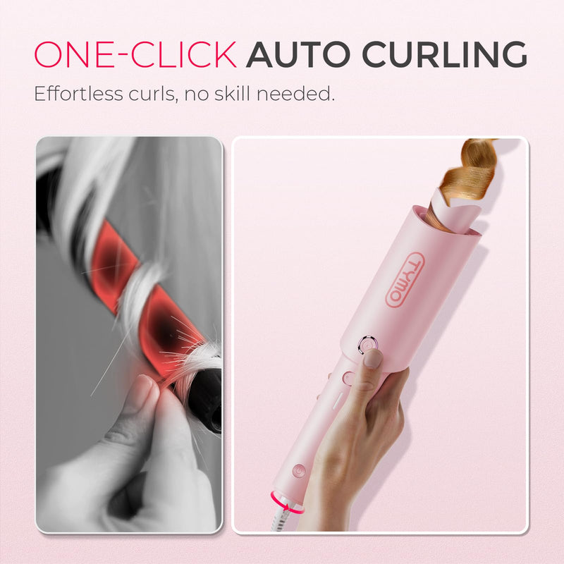 TYMO Hair Curler Automatic Rotating - CURLPRO, Curling Wand, Pink 1.25 inch | Ceramic Coating, Anti-Scald Curling Iron, Portable 500 Million Ionic, Dual Voltage, Beach Waver, Lightweight for Travel 1 1/4 inch