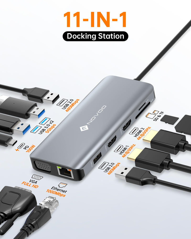 USB C Docking Station Dual HDMI Adapter, 11 in 1 Multi Display Docking Station Dual Monitor with 2 HDMI, VGA, 100W PD, 4 USB, USB C Hub Multiport Dongle Compatible with MacBook/Dell/HP/Lenovo Laptops