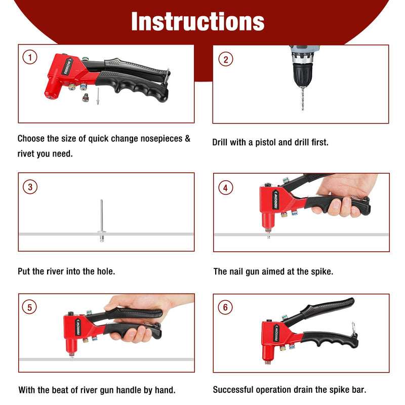 Arrow Hand Riveter Kit, RT187M Professional Pop Rivet Gun with 3/32", 1/8", 5/32", 3/16" 100 Pieces Rivets (Each 25 Pieces), Great for Metal, Gutter and Automotive Work
