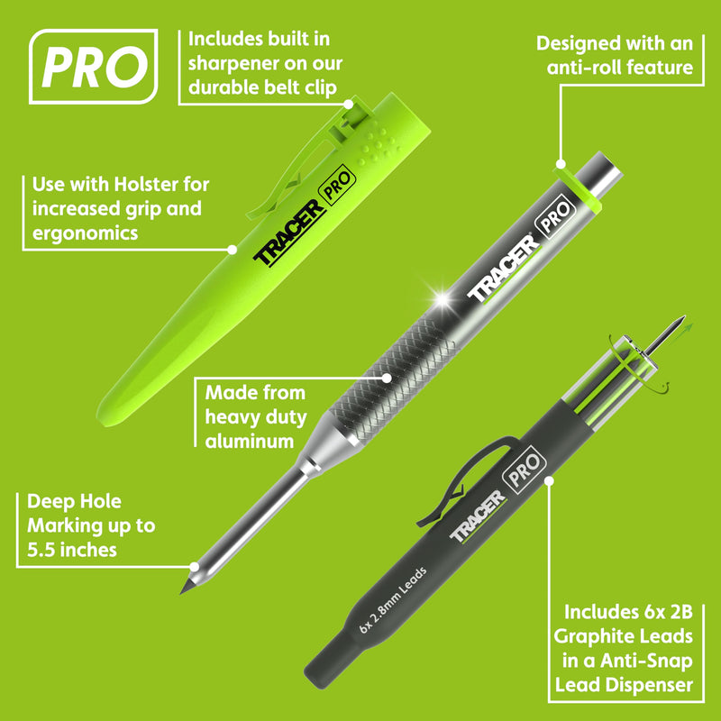 Tracer Pro Aluminum Deep Hole Construction Pencil - Durable Mechanical Carpenter Pencils Set with Sharpener & 6 Replacement Leads Holster Woodworking Marking Tool Contractor Pencil Kit 2.8mm Deep Hole