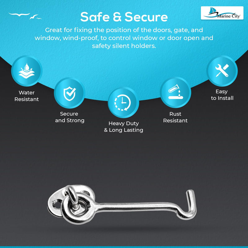 MARINE CITY Buckle Cabin Hook and Eye Latch, 316 Grade Stainless Steel, Wind Proof Shed Safety Stopper, Silent Holders Catch Lock, 3 Inches, Ideal for Marines, Boats, Ships, Yachts (Pack of 1) 3”