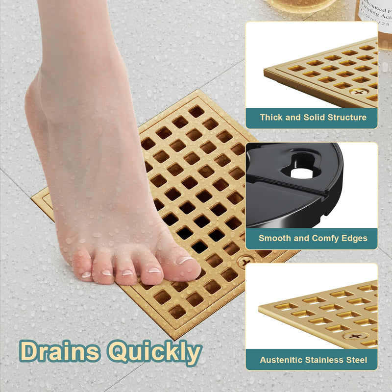Shower Drain 4-1/4 Inch - Square Shower Floor Drain Kit with ABS Flange for 2" or 3" Pipe, SUS304 Stainless Steel Drain with Hair Strainer,Removable Strainer Cover, Champagne Bronze