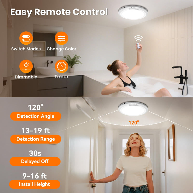 Rechargeable Motion Sensor Ceiling Light Indoor Outdoor w/Remote, 7.08 Inch Battery Operated Flush Mount Ceiling Light 3000K 4000K 6000K 400LM Dimmable for Closet Hallway Laundry Stairs (4) 4