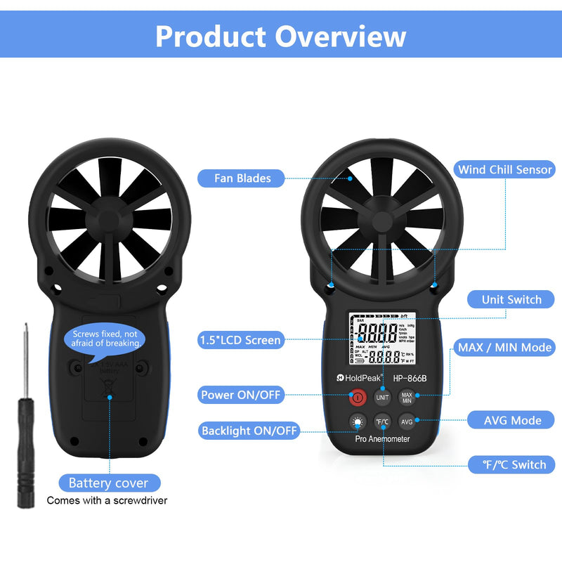 HoldPeak 866B Digital Anemometer Handheld Wind Speed Meter for Measuring Wind Speed, Temperature and Wind Chill with Backlight and Max/Min 1Pcs 866B Anemometer