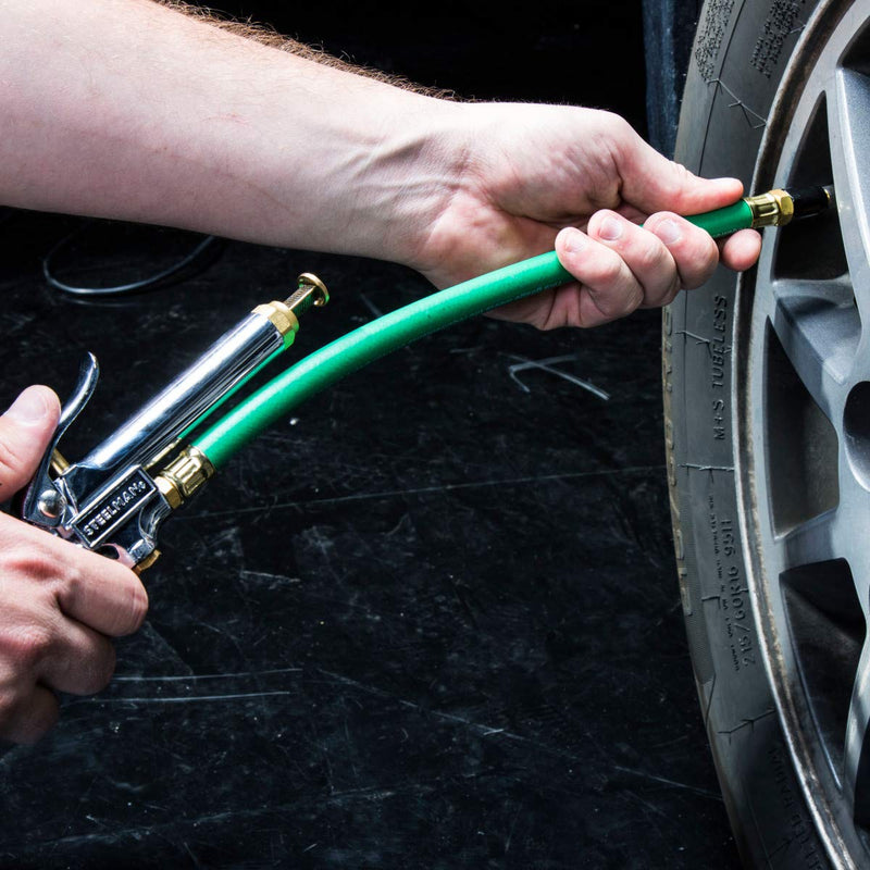 STEELMAN 75052 Straight Chuck Tire Inflator with Built-in Gauge and Green 12-Inch Hose