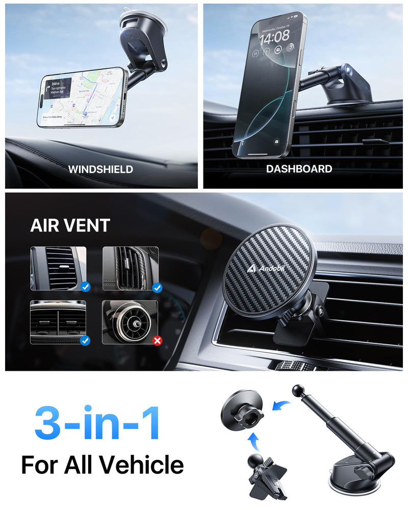【Military-Grade】andobil 3 in1 Magnetic Phone Holder for Car Dashboard Windshield Vent 【Upgrade Suction & Strongest Magnet】Retractable for MagSafe Car Mount Mats for iPhone 17 16 15 14 Pro Max Sumsung dashboard-black