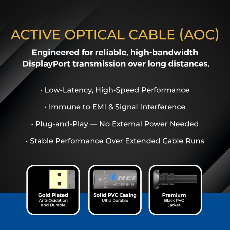 OREI 8K DisplayPort 2.0 AOC Cable 15ft – 54Gbps, 8K@120Hz, 4K@240Hz, VRR