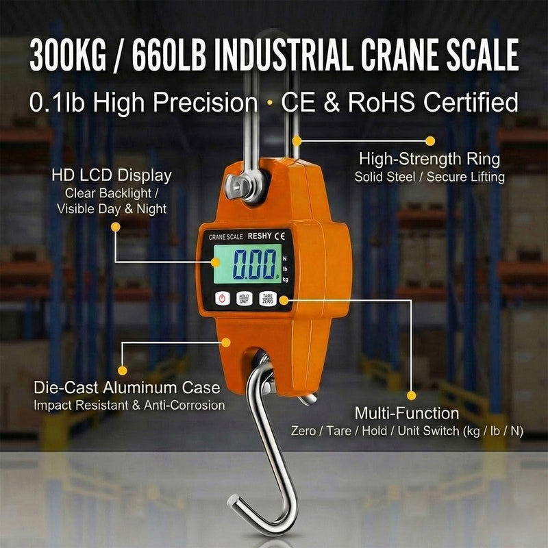 RESHY 660lb Digital Hanging Scale with Cast Aluminum Case, Portable Heavy Duty Crane Scale 300kg for Farm, Deer Hunting, Fishing, Livestock & Garage