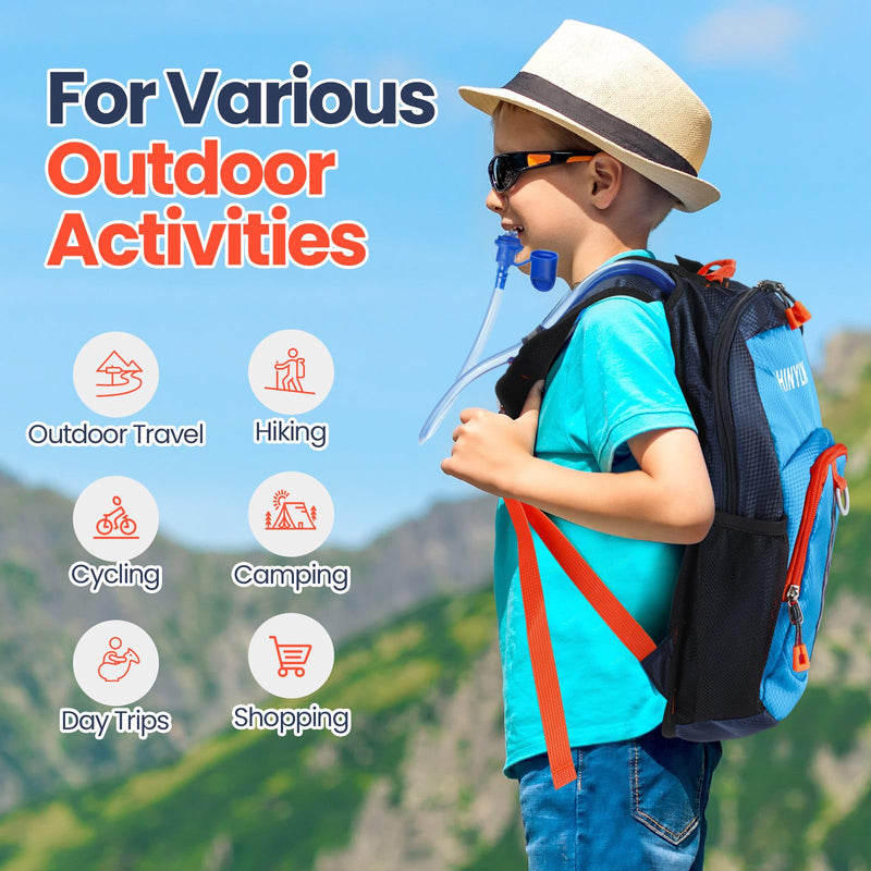 Kids Hydration Backpack with 1.5L Water Bladder Hiking Backpack Lightweight for Boys or Girls Children Biking Climbing Running Cycling Blue