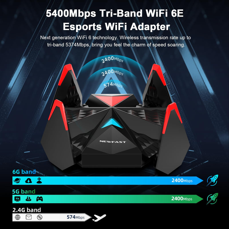 NEWFAST WiFi 6E USB Adapter for Desktop PC U357, AXE5400 Wireless Network Adapter Tri-Band Wireless USB WiFi A-dapter for PC, WiFi Dongle with 4 Antennas Supports Windows 11/10 Black