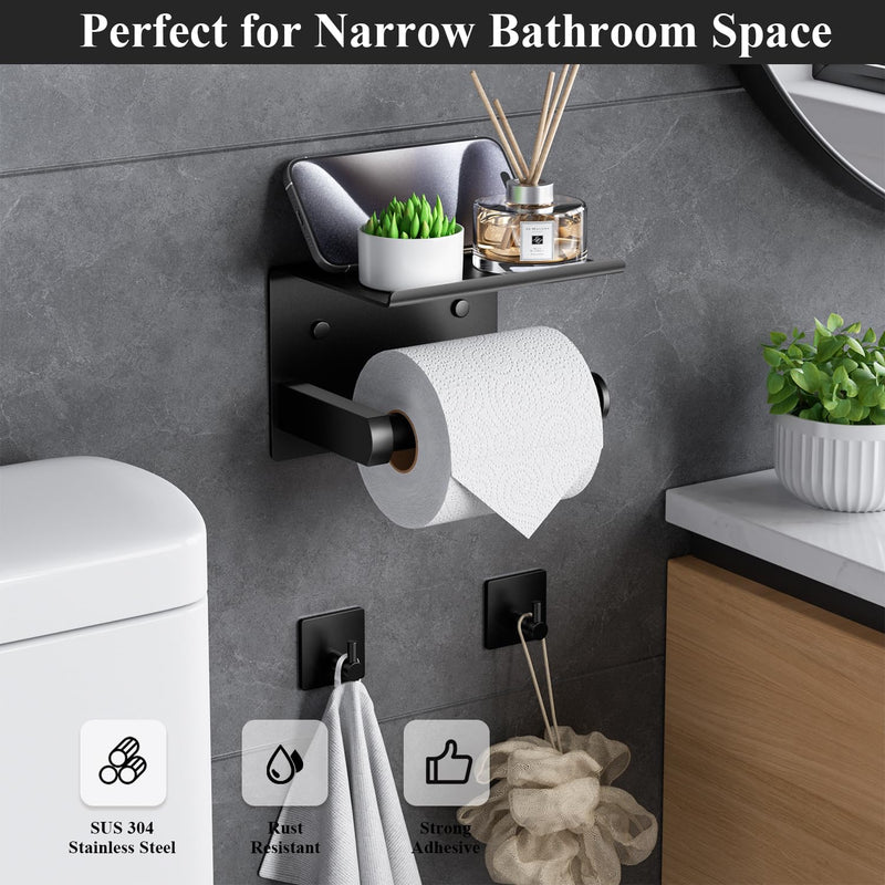 Tindbea Toilet Paper Holder Wall Mount + Towel Robe Hooks, Adhesive or Screw Wall Mounted Toilet Paper Roll Holder with Shelf, Stainless Steel Bathroom Organizers and Storage Kit (Matte Black) Regular Matte Black