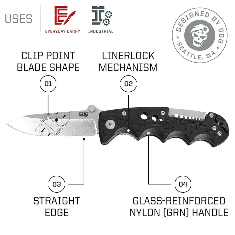SOG Kilowatt- Electricians Pocket Knife with Wire Stripping Multi-Tool and 3.4 Inch AUS-8 Blade, UTP 10-22G Wire Stripper Knife (EL01-CP), Black