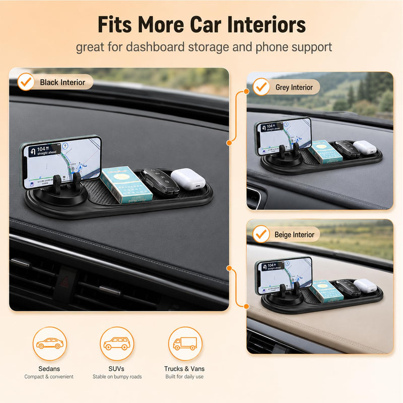 Anti Slip Pad 3 in 1 with Phone Holder | For Car Dashboard Phone Sunglasses Keys, PVC Non Slip Mat with 360 Rotation and Hidden License Plate Holder