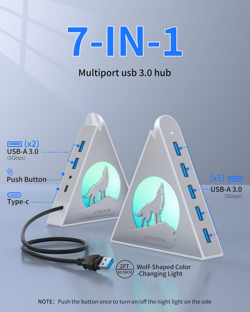 7 Port USB Hub, JoyReken USB 3.0 Hub with 2 FT Long Cable, Vertical USB Extension Hub for Laptop, MacBook,Xbox,PS4/5, Flash Drive, XPS, PC, Flash Drive, Game Console, Printer, Keyborad, Mouse (Silver) 2ft Silver
