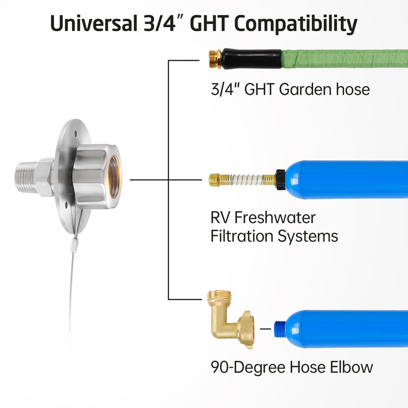 KES All Metal RV Water Inlet Connection with Check Valve, 18/8 Stainless Steel RV City Water Inlet Replacement, Upgraded Leak-Proof Design for Camper, Trailer, Marine & Boat, Brushed Finish, RWI200-BS Brushed Steel
