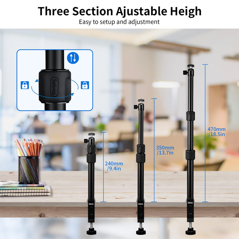 Selens Tabletop Camera Desk Mount Stand, 9.4"-18.5" with 1/4" Ball Head, Adjustable Desktop Stand Mount for DSLR Camera, Ring Light, Live Streaming, Video Studios