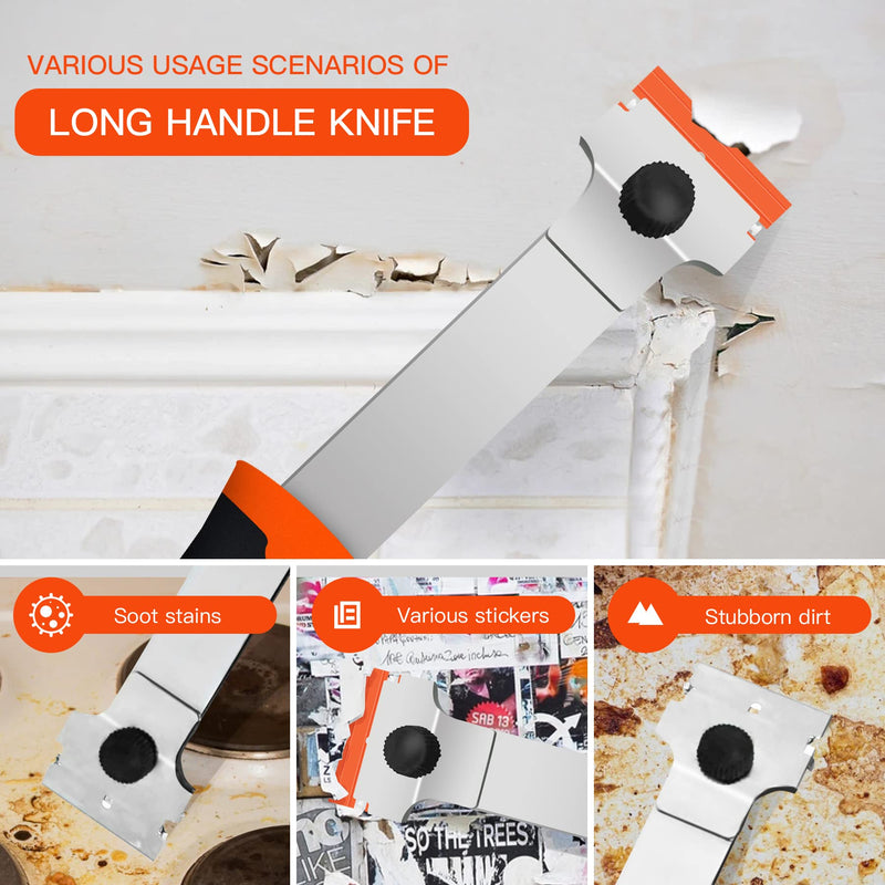 DEKEones Razor Blade Scraper, Long Handled Scraper Tool with 10 Extra Replacement Blades, Razor Scraper Remover for Cleaning Sticker, Paint, Caulk from Window, Car, Glass, Windshield, Stove Orange-1PCS
