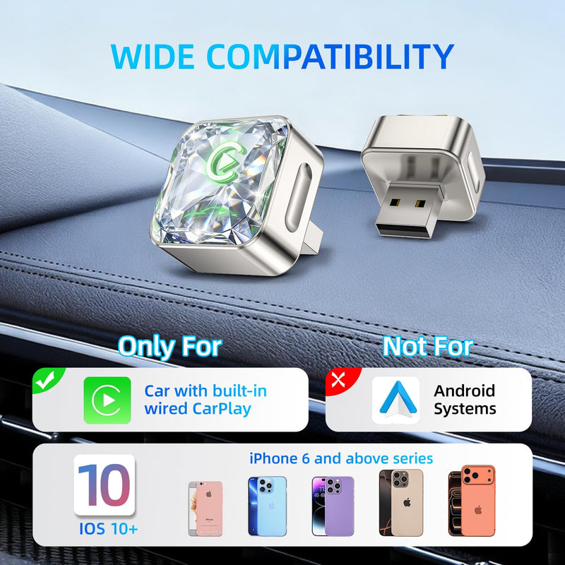 Wireless Apple CarPlay Adapter, 5.8G Quad-Core Chip No Latency, Aerospace Silicone Cooling, Zn-Alloy & Diamond Panel, Plug & Play Wired to Wireless CarPlay Adapter