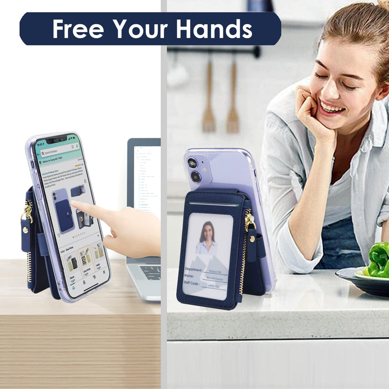Phone Wallet Stick On,M-Plateau PU Leather Card Holder with Zipper Coin Pocket Compatible with iPhone and iPhone Case for Women with 3M Adhesive and Phone Lanyard Navy Blue