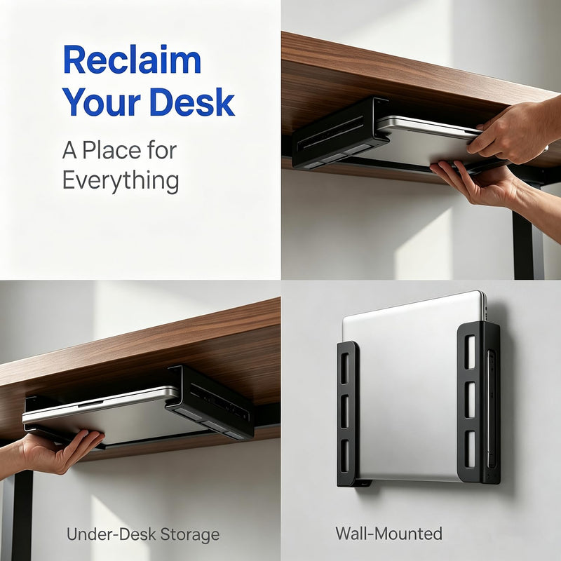 Universal Wall & Under Desk Laptop Mount and Charger Holder | for most laptops as MacBooks, Surface,Tablets, and 100W or Higher Chargers, with Adhesive, Screws, Anti-Scratch Pads