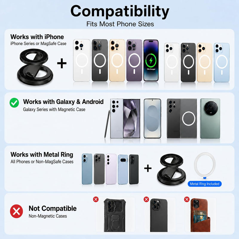 for Magsafe Magnetic Phone Grip Stand for Samsung Galaxy S26Ultra S25 | Dual-Sided MagSafe Ring Holder Gym Finger Magnet Kickstand for iPhone 17 16 15 Pro Max, Samsung Z Fold 8 Ultra 7 Z Flip 8 7