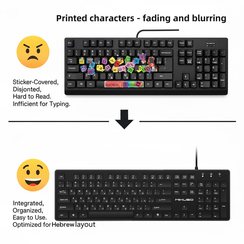 Hebrew English Keyboard USB Wired - 104 Keys Full-Size Laser Letter | Bilingual Keyboard(Not Fading Character) with Number Pad for PC Desktop Computer - for Hebrew Speakers, Jewish School