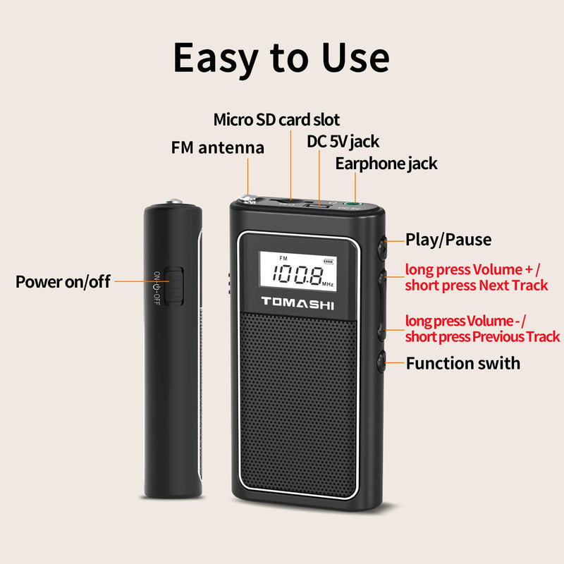 TOMASHI Portable FM Auto Scan Radio, USB-C Rechargeable Pocket Radio | Auto scan FM radio with digital display, speaker and MP3 player. Includes stereo earphones for home, travel and outdoor use.