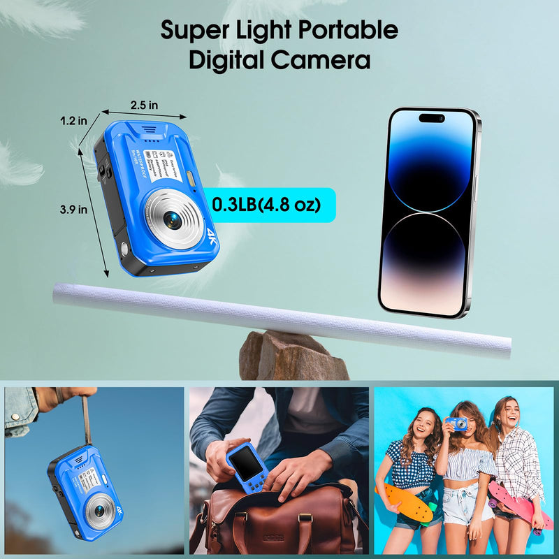 Portable 4K 64MP Snorkel Camera, 16FT IP68 Floating Waterproof Digital Camera Autofocus IPS Screen 16X Zoom, Equipped with 32GB Memory Card for Water Sports Travel Camping