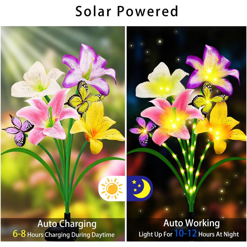 Solar Garden Lights 4 Pack LEDs Solar Lilies Flower Lights, Yard Patio Pathway Decoration High Flexibility Copper Wire Handmade Silk Artificial Flowers Never Wither, Gift for Family Friends