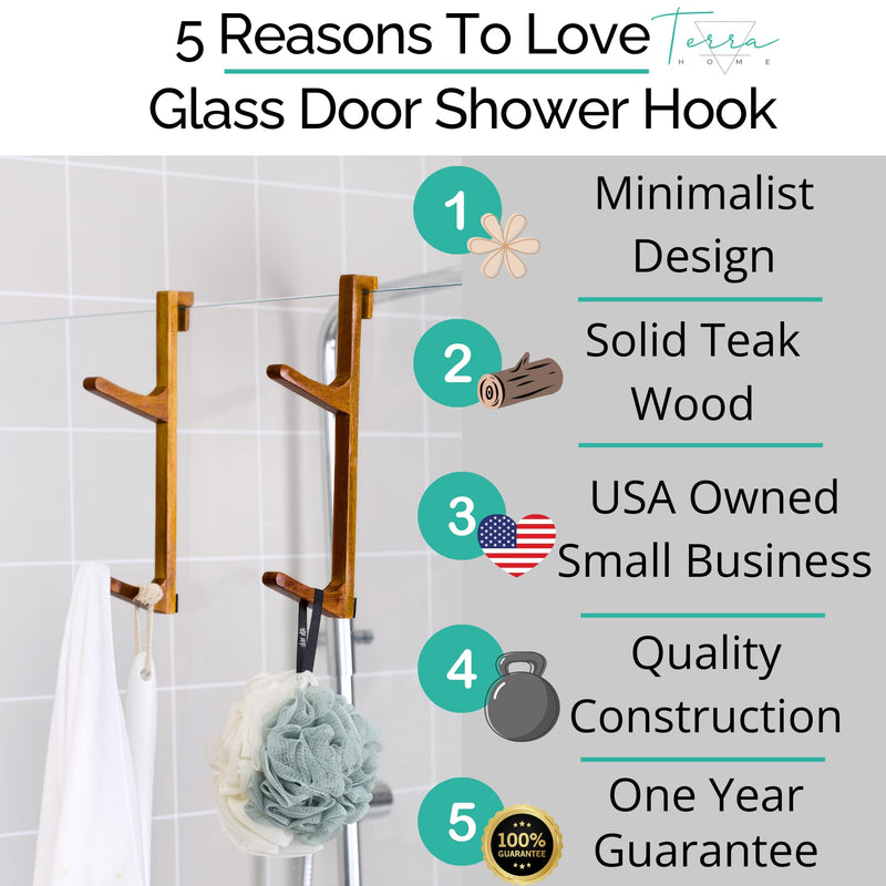 Over Shower Door Towel Hook - No Drill, No Rust, Moisture Proof Hard Wood - Shower Door Hooks for Towels - Space-Saving Bathroom Organizer Home Decor - 2pcs 2