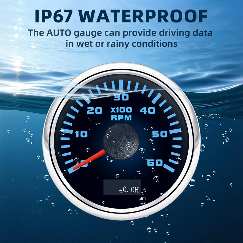MH Tachometer 2-1/6" 52mm 6000 Tach Boat RPM Gauge 7 Color Waterproof for AUTO Car Truck Marine（Black & Sliver）