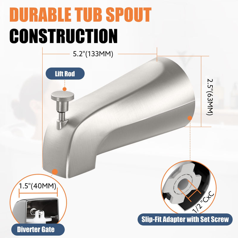 Universal Bathtub Tub Spout with Diverter, Fits 1/2" Slip-Fit Copper Pipe Connection, Pull Down Bathtub Faucet Spout Replacement, Easy Installation (Brushed Nickel) Brushed Nickel