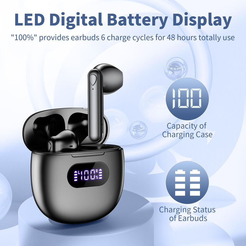 Wireless Earbuds Bluetooth 5.4 Headphones IPX7 Waterproof Earbuds | 48H Long Battery Life Ear buds, LED Display, HiFi Bass, Built-in Mic for Sports Office Home Earphones Black