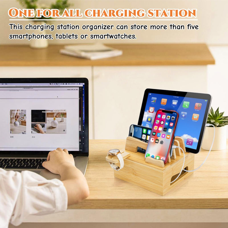 Bamboo Charging Station for Multi Devices, Small Desktop Docking Stand, Cell Phone Docking Station Charger Organizer for Tablets, Smart Watch (No USB Charger No Charging Cables)