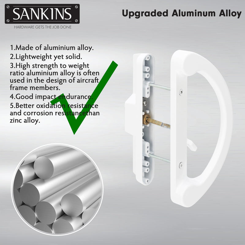 Sliding Patio Door Handle Pull Set with Key Cylinder, Replacement Sliding Door Handle with Mortise Lock for Sliding Glass Door Handle, Fits Hole Pitch Doors with 3-15/16 Inch Hole Pitch, White