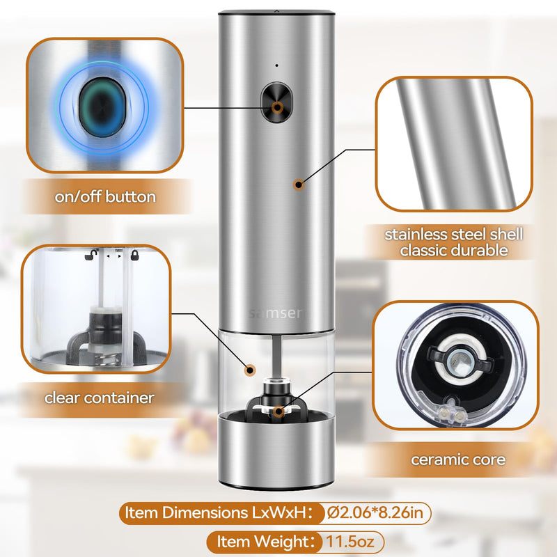 Stainless Steel Electric Pepper Grinder & Salt Mill Set - Battery Operated One-Hand Operation Adjustable Coarseness LED Light Transparent Container Easy Refill & Clean Push-Button Switch (2 Pack) Silver + two grinders