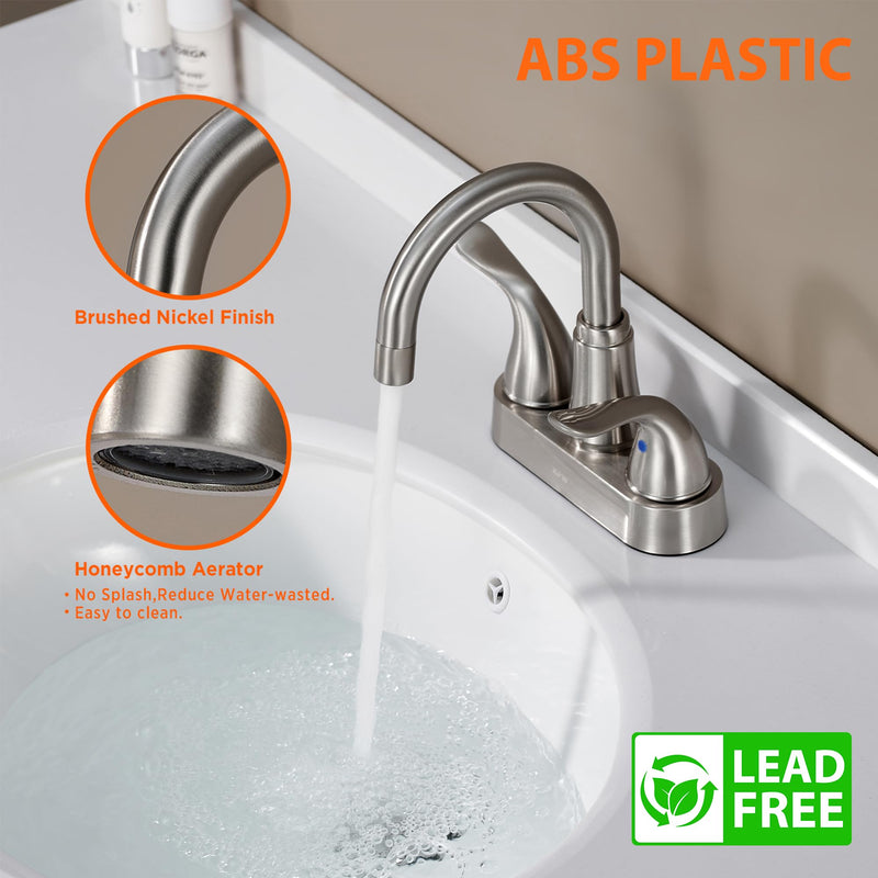 KPW Bathroom Sink Faucet 2 or 3 Hole Brushed Nickel Centerset 4 Inch Bathroom Sink Faucet 2 Handle Over ABS Non-Metallic Lavatory Bathroom Faucet with Pop up Drain Water Supply Hoses Two Handle 5121 Brushed Nickel
