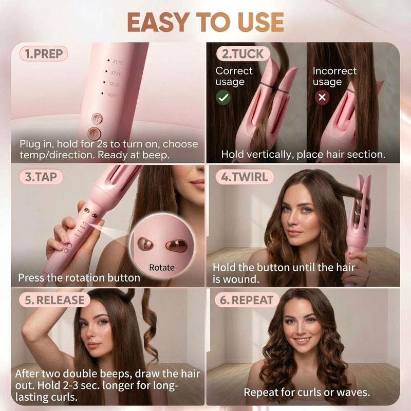 3-in-1 Hair Curler Automatic Rotating, Ceramic, ions | 32mm curls & 36mm waves, Straightener brush, Auto-rotate, tangle-free, 4 heat settings for all hair types Pink