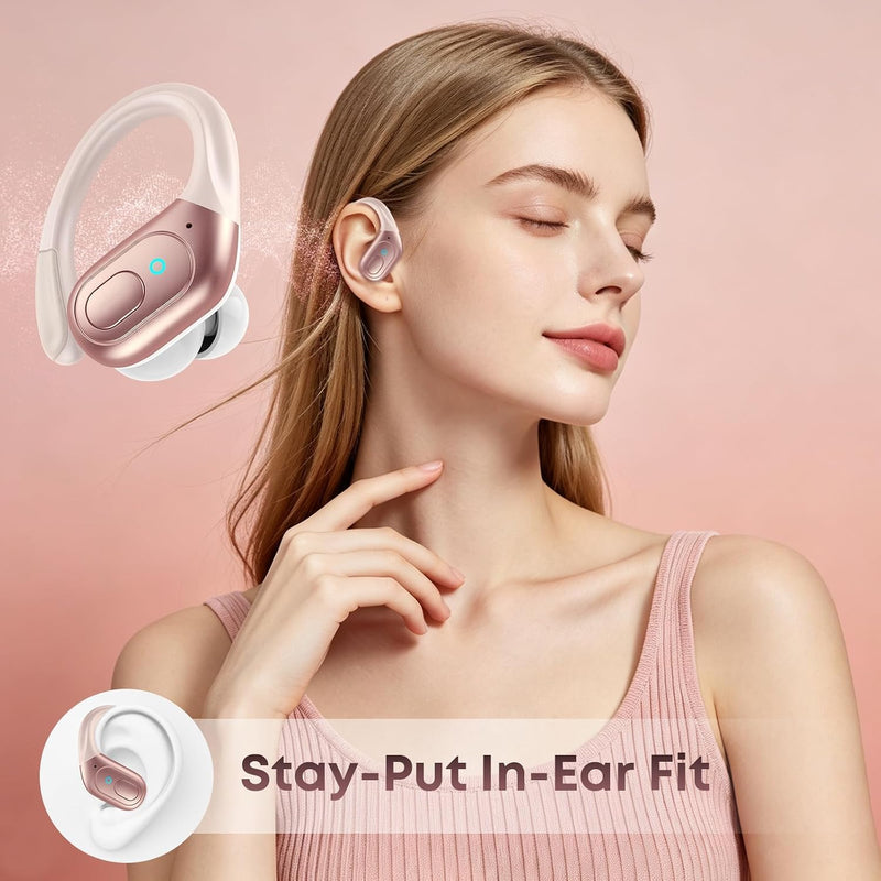 sajawass Wireless Earbuds Bluetooth 5.4 Headphones, IPX7 Waterproof Earphones, Over-Ear Earphones, Noise Canceling Ear Buds with 75hr Playtime, LED Power Display for Sports/Workouts - Rose Gold