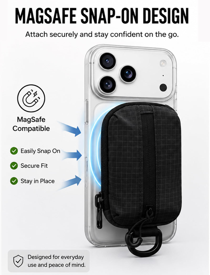 FIREDOG MagSafe Mini EDC Organizer for iPhone, Magnetic Everyday Carry Pouch for Cards, Folded Cash, Earbuds & Small Essentials, Water-Resistant Ripstop Nylon Pocket (Black) Black