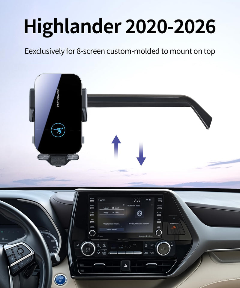 Wireless Charger Car Phone Mount for Toyota Highlander 2020-2026 8" Screen | Highlander Hybrid,Auto Clamp Cell Phone Mount Clip Accessories 15W Qi Fast Charging Stand Compatible with iPhone Android