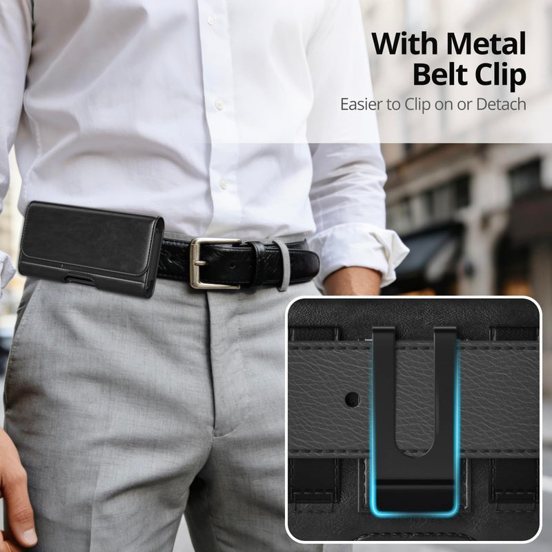 Magnetic Closure Holster for Motorola Edge, Motorola Moto G Power/G Play/Moto G/G36 G06 G57 Pure G05 G15 G100 (2026 2025 2024) - Leather Belt Case Premium Pouch (Fits Slim/Regular Case) (Black) Black