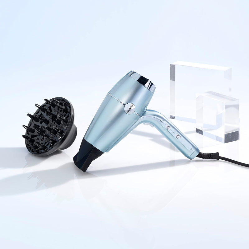 BaByliss Hydro-Fusion Hair Dryer with Diffuser - Professional 2100W Ionic Blow Dryer for Frizz-Free Styling, Plasma Technology for Shine, Lightweight Design, 3 Heat & 2 Speed Settings, Blue, 5573U Single