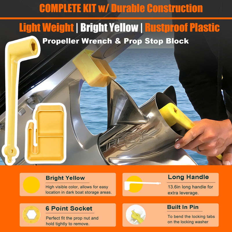 Marine 1-1/16" Propeller Wrench & Prop Stop Block Kit for All Outboard & Stern Drive (Mercury/Mercruiser/Yamaha) High-Visibility Yellow Corrosion-Resistant Outboard Prop Removal & Installation Kit 1-1/16" with Prop Stop