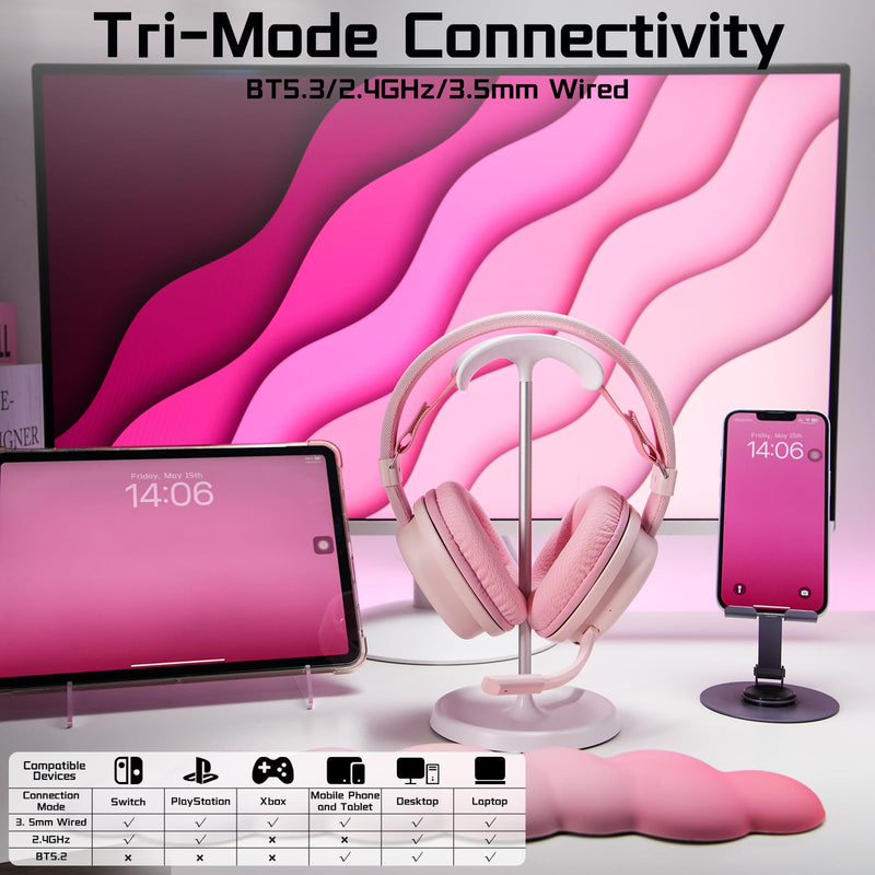 G7 Wireless Gaming Headset, Surround Sound 10ms Low Latency, PC Headset with Detachable Noise Canceling Mic, 40mm Driver, Tri-Mode 2.4G/BT5.2/Wired, Over Ear Headphone for PS5,PS4,Switch Pink