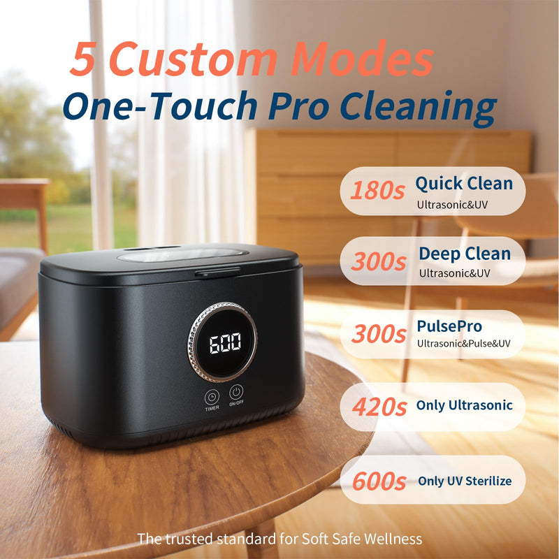 47kHz Ultrasonic Jewelry Cleaner Machine for Glasses, Eyeglasses, Rings | 600ml Stainless Steel Tank , Digital Timer, 5 Modes and UV Light for All Jewelry, Eyeglasses, Dentures, Retainers Light Black
