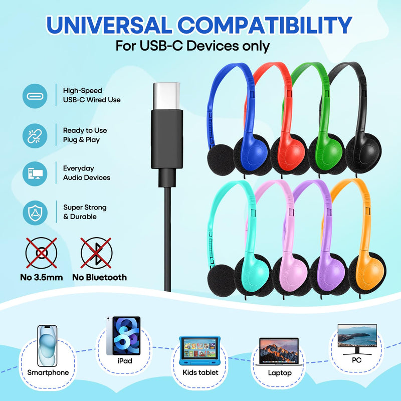USB C Kids Headphones Bulk for Classroom School 10 Pack, Wired On-Ear Type C Headset for Students Compatible with Chromebook Laptop PC Tablet Smartphones (HY857C, 10 Mixed)