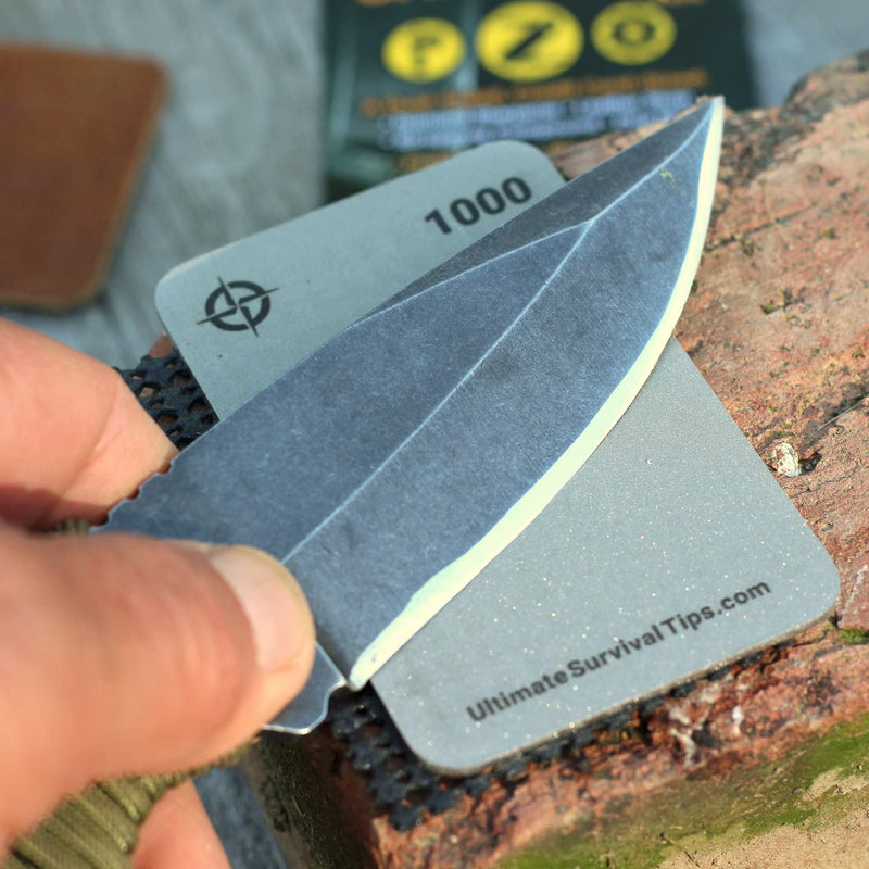 Tiny Survival KNIFE & TOOL Sharpener KIT - Ultimate 4-IN-1 EDC KIT: Double-Sided, Dual Grit, Credit Card Diamond Pocket Field Sharpening Stone DWS + Mini Strop + Stropping Compound + Grip Matt - GIFT